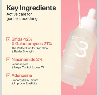 Suero suavizante de piel Numbuzin No.3: suero fermentado para la textura y los poros de la piel, con bífida y galactomyces, niacinamida, adenosina, pantenol y sin fragancia.