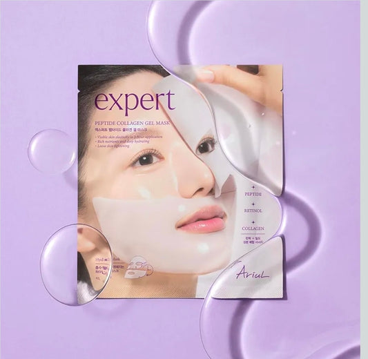 Mascarilla de hidrogel de colágeno con péptidos Ariul Expert: 3 tipos de colágeno de bajo peso molecular, 3 tipos de retinol, 4 tipos de ácido hialurónico, 5 tipos de péptidos. Cuidado reafirmante y elástico antiedad.
