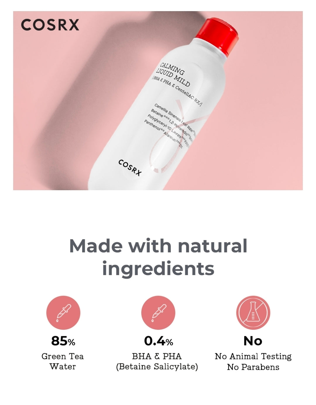 COSRX Calming Liquid Mild: solución perfecta que ayuda a prevenir el acné leve mientras se elimina el sebo con agua de té verde, BHA y PHA.