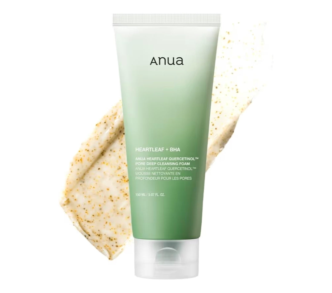 Espuma limpiadora profunda de poros con quercetinol Anua Heartleaf: limpiador facial con BHA, ácido hialurónico, glicerina y eliminación de puntos negros.