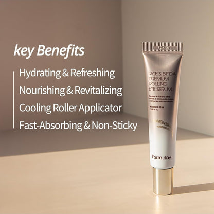 Suero para ojos Farmstay Rice &amp; Bifida Premium con niacinamida, corrector, refrescante y calmante para las manchas oscuras. Crema para ojos para la hinchazón.