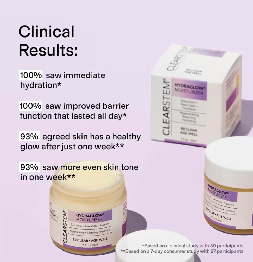 Crema de células madre CLEARSTEM HYDRAGLOW - Bakuchiol + Escualeno - Antiedad, hidratante, revitalizante, nutritiva, rejuvenecedora, piel radiante, tratamiento de líneas de expresión, sin gluten ni disruptores hormonales.