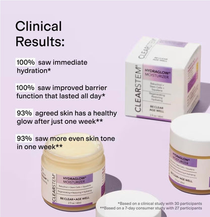 Crema de células madre CLEARSTEM HYDRAGLOW - Bakuchiol + Escualeno - Antiedad, hidratante, revitalizante, nutritiva, rejuvenecedora, piel radiante, tratamiento de líneas de expresión, sin gluten ni disruptores hormonales.