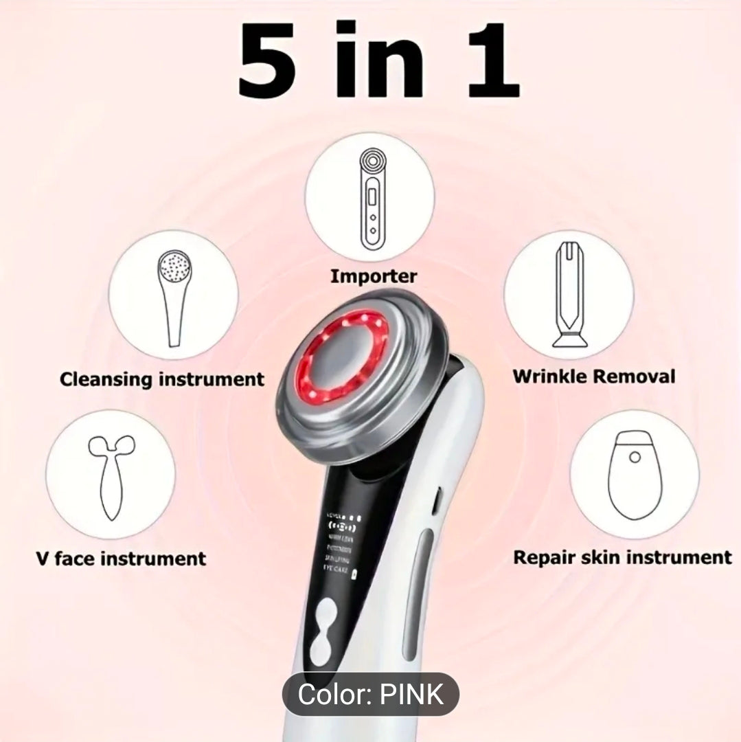 Dispositivo facial 7 en 1 con radiofrecuencia (RF) LED y electroestimulación muscular (EMS), herramienta multifuncional para limpieza profunda, antienvejecimiento y rejuvenecimiento de la piel, color blanco.
