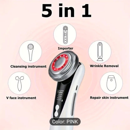Dispositivo facial 7 en 1 con radiofrecuencia (RF) LED y electroestimulación muscular (EMS), herramienta multifuncional para limpieza profunda, antienvejecimiento y rejuvenecimiento de la piel, color blanco.