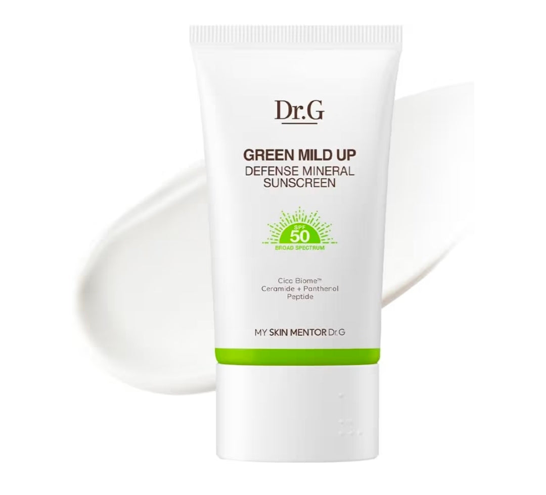 Dr. G Green Mild Up Defense Mineral Sunscreen - SPF 50 Broad Spectrum Korean Sunscreen - Lightweight & Reef-Safe Mineral Formula - For Sensitive Skin - Non-Greasy - With Centella Asiatica