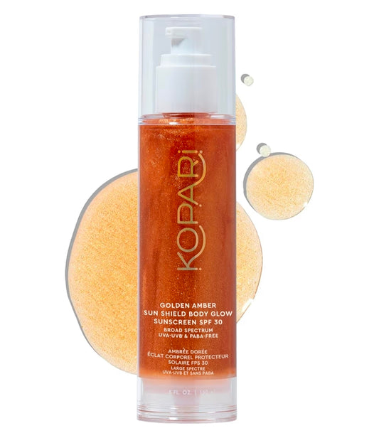 Protector solar Kopari Body Glow, FPS 30 de amplio espectro - Textura en gel ligero y brillante de rápida absorción, no pegajosa, resultados radiantes, color ámbar dorado