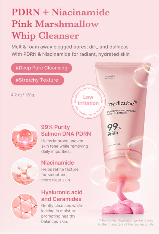 Limpiador facial en espuma con niacinamida rosa PDRN de medicube: espuma de limpieza profunda para el cuidado de los poros y el tono desigual de la piel con ADN de salmón PDRN, limpieza suave hidratante y nutritiva.