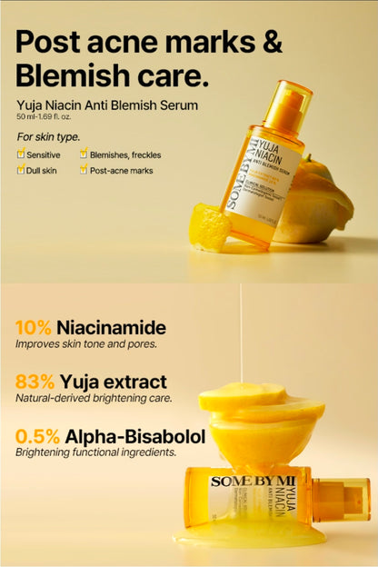 SOME BY MI Yuja Niacin Anti Blemish Serum – Suero con 10 % de niacinamida y vitamina C para iluminar la piel opaca – Eliminador de manchas oscuras para pigmentación y melasma