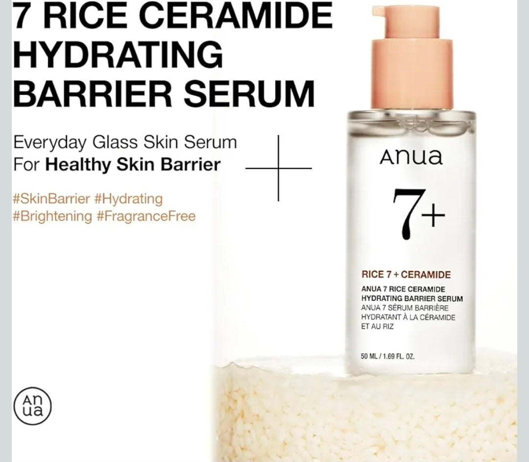 Suero hidratante facial con ceramidas de arroz 7 de Anua: suero hidratante facial con arroz, ácido hialurónico y niacinamida, sin fragancia, no comodogénico, piel de cristal.
