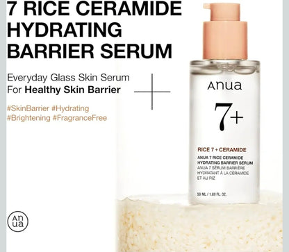 Suero hidratante facial con ceramidas de arroz 7 de Anua: suero hidratante facial con arroz, ácido hialurónico y niacinamida, sin fragancia, no comodogénico, piel de cristal.