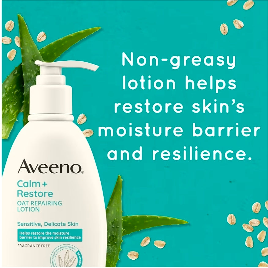 Aveeno Calm + Restore Oat Repairing Body Lotion para piel sensible: humectante diario con avena prebiótica, aloe y provitamina B5. Loción corporal sin fragancia que ayuda a sanar la piel seca.