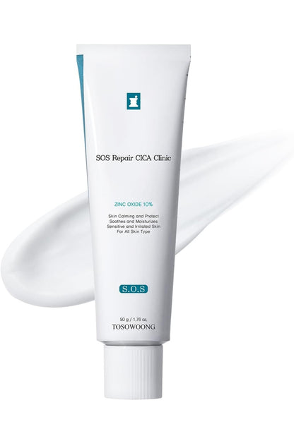 TOSOWOONG SOS Repair CICA Clinic Zinc Cream - 10% Zinc Oxide, Heal, Soothe Acne, Redness, Rosacea Treatment, Skin Barrier Repair, Moisture, Non-Comedogenic, Korean Skin Care