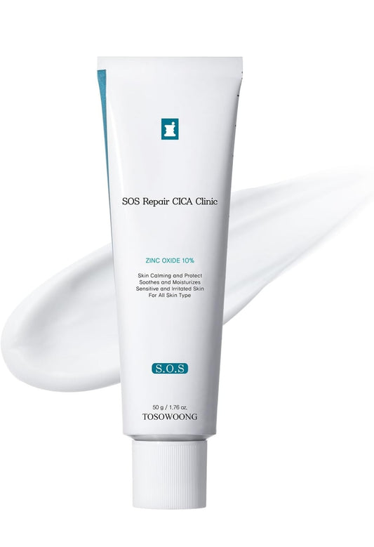 TOSOWOONG SOS Repair CICA Clinic Zinc Cream - 10% Zinc Oxide, Heal, Soothe Acne, Redness, Rosacea Treatment, Skin Barrier Repair, Moisture, Non-Comedogenic, Korean Skin Care