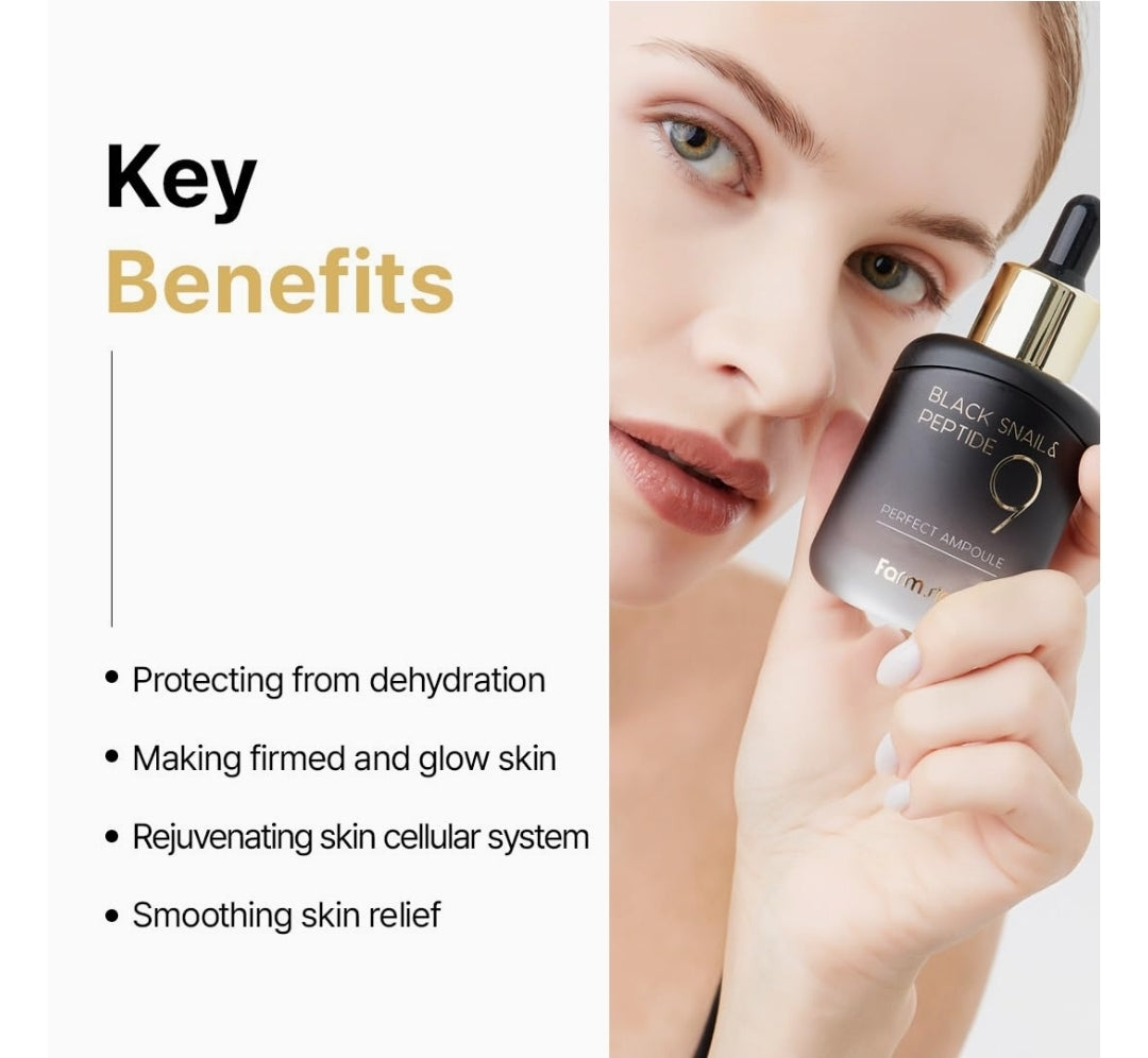 Farmstay Black Snail & Peptide9 Perfect Ampoule -  Snail Mucin Serum for Elastic & Glow Skin, Boosting Radiance & Repairing Skin Barrier Serum