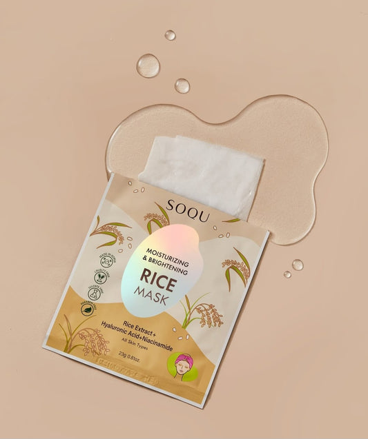 Mascarilla de arroz hidratante e iluminadora SOQU - Extracto de arroz + Ácido hialurónico + Niacinamida - 1 mascarilla