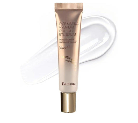 Suero para ojos Farmstay Rice &amp; Bifida Premium con niacinamida, corrector, refrescante y calmante para las manchas oscuras. Crema para ojos para la hinchazón.