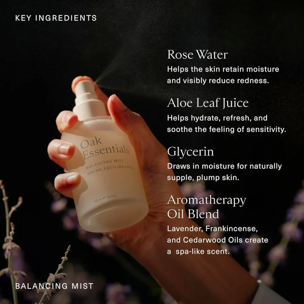 Oak Essentials Balancing Mist - Bruma facial tonificante con agua de rosas y aloe, rica en antioxidantes, que ayuda a hidratar, calmar y refrescar.
