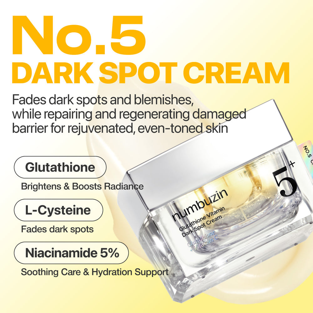 No.5+ Glutathione Vitamin Dark Spot Cream - Moisturizer with antioxidants, skin repairing and regenerating ingredients, deeply moisturizes and strengthens skin barrier while gently fading hyperpigmentation and dark spots