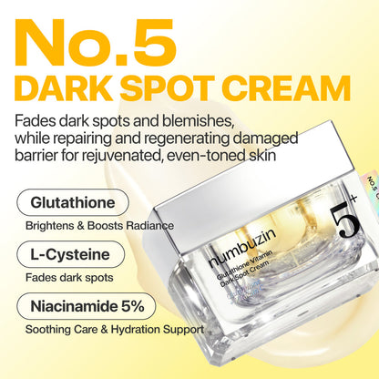 No.5+ Glutathione Vitamin Dark Spot Cream - Moisturizer with antioxidants, skin repairing and regenerating ingredients, deeply moisturizes and strengthens skin barrier while gently fading hyperpigmentation and dark spots