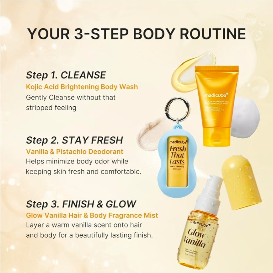medicube Fresh Glow Body Kit - Mini body wash, deodorant and hair & body fragrance mist for fresh glow body. Kojic Acid for Brightening