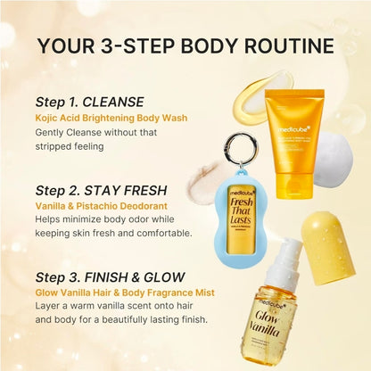 medicube Fresh Glow Body Kit - Mini body wash, deodorant and hair & body fragrance mist for fresh glow body. Kojic Acid for Brightening
