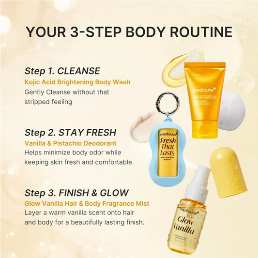 medicube Fresh Glow Body Kit - Mini body wash, deodorant and hair & body fragrance mist for fresh glow body. Kojic Acid for Brightening