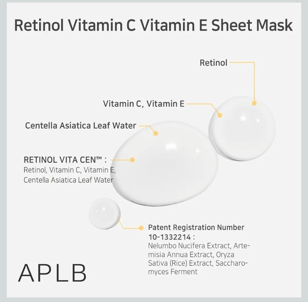 Mascarilla de lámina con retinol, vitamina C y vitamina E de APLB - RETINOL VITA CEN 10,5 % Hidratación duradera, cuidado antiarrugas, revitalizante para suavizar y mejorar la textura de la piel - 1 mascarilla