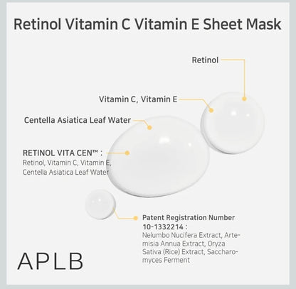 Mascarilla de lámina con retinol, vitamina C y vitamina E de APLB - RETINOL VITA CEN 10,5 % Hidratación duradera, cuidado antiarrugas, revitalizante para suavizar y mejorar la textura de la piel - 1 mascarilla