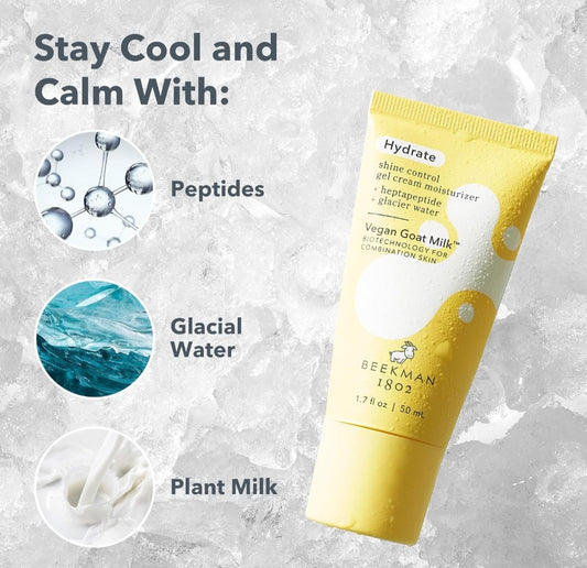 Crema hidratante facial en gel Beekman 1802 Shine Control - Con BioMilk, 1 % de heptapéptido y agua de glaciar para piel sensible