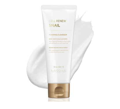 Limpiador espumoso de caracol MISSHA Cell Renew: limpiador facial con filtrado de secreción de caracol, limpieza profunda, hidratación intensa, elasticidad de la piel, textura cremosa, retención de humedad.