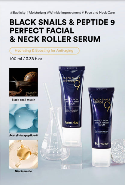 Farmstay Black Snail & Peptide 9 Perfect Facial & Neck Roller Serum – Firming & Lifting, Deep Hydration & Skin Elasticity, Snail Mucin & 9 Peptides for Youthful Glow & Smooth Skin