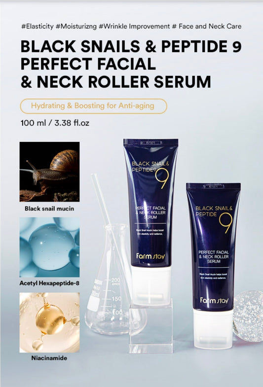 Farmstay Black Snail & Peptide 9 Perfect Facial & Neck Roller Serum – Firming & Lifting, Deep Hydration & Skin Elasticity, Snail Mucin & 9 Peptides for Youthful Glow & Smooth Skin