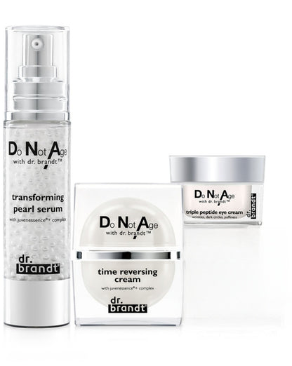 Crema para ojos con triple péptido Do Not Age del Dr. Brandt + Crema antiedad + Suero de perla transformador - Set de 3 piezas para el cuidado de la piel