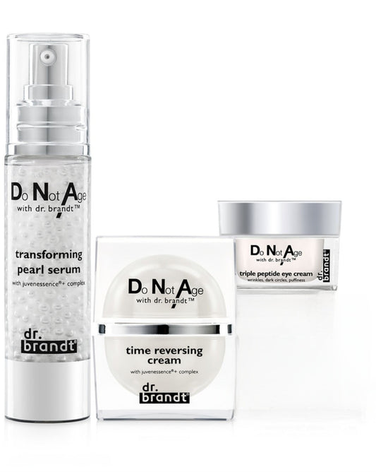 Crema para ojos con triple péptido Do Not Age del Dr. Brandt + Crema antiedad + Suero de perla transformador - Set de 3 piezas para el cuidado de la piel