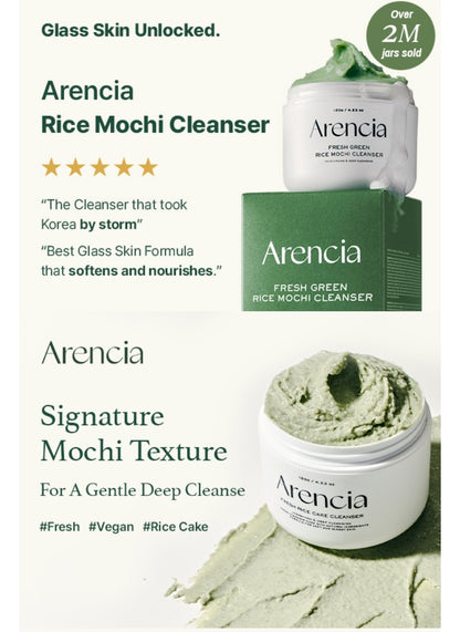 Mochi de Arroz Verde Fresco Arencia - Limpiador/Mascarilla/Exfoliante Suave Todo en Uno - Limpieza Profunda, Hidratación, Minimización de Poros con Agua de Arroz, Té Verde y Artemisia vulgaris