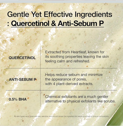 Espuma limpiadora profunda de poros con quercetinol Anua Heartleaf: limpiador facial con BHA, ácido hialurónico, glicerina y eliminación de puntos negros.