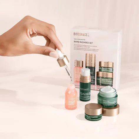 Biossance Rapid Radiance Set - A four-piece starter or travel kit designed to brighten, hydrate, and resurface the skin