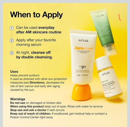 Anua Zero-Cast Moisturizing Finish Sunscreen SPF 50 -  Glow Natural Sunscreen, No White Cast, Hyaluronic Acid, Niacinamide Sun Block For face,Oil-Free, Oxybenzone Free