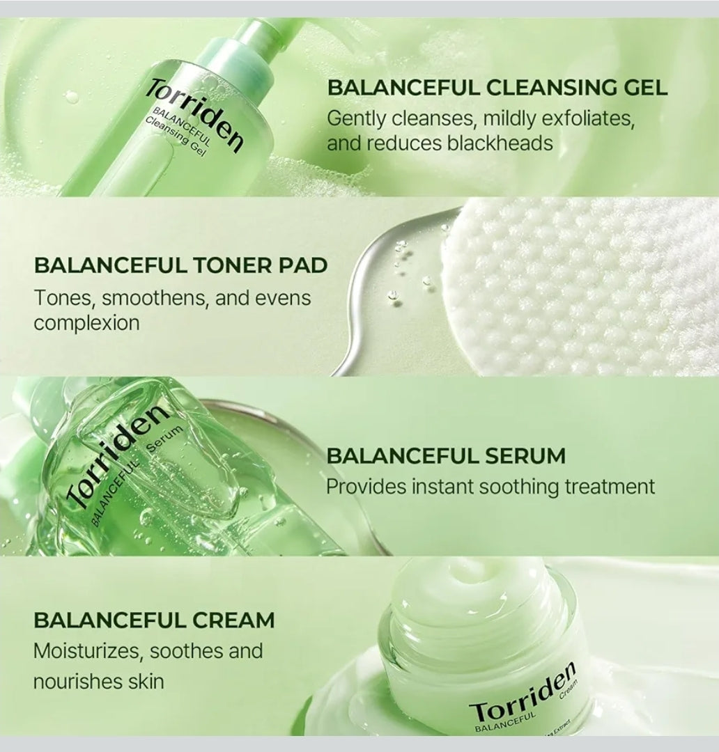 Torriden BalanceFul Cica Trial Kit - Centella Asiatica Extract - Cica Infused Daily Skincare Kit - 4 Step Regimen with Cleansing Gel, Toner Pad, Serum, and Cream - 4 Piece Set
