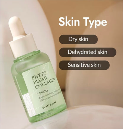 Suero de colágeno Mizon Phyto Plump: colágeno vegano, 88 % de ingredientes naturales con adenosina, hidratación profunda, cuidado de la piel coreano.