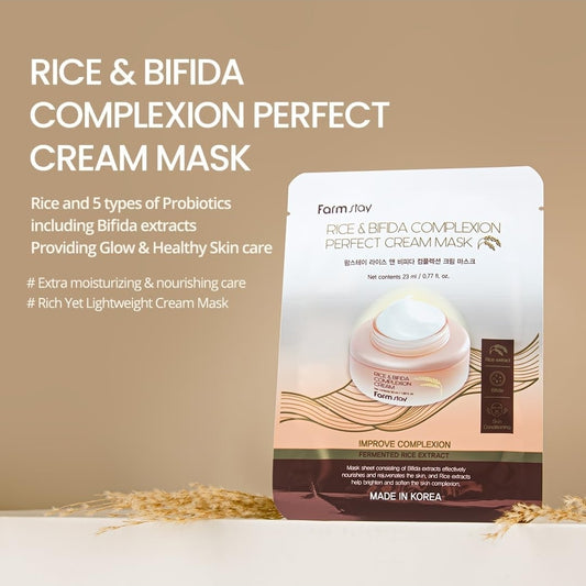 Mascarilla en crema perfecta Farmstay Rice &amp; Bifida Complexion con niacinamida y ácido hialurónico - Hidratante y antiedad - 1 mascarilla