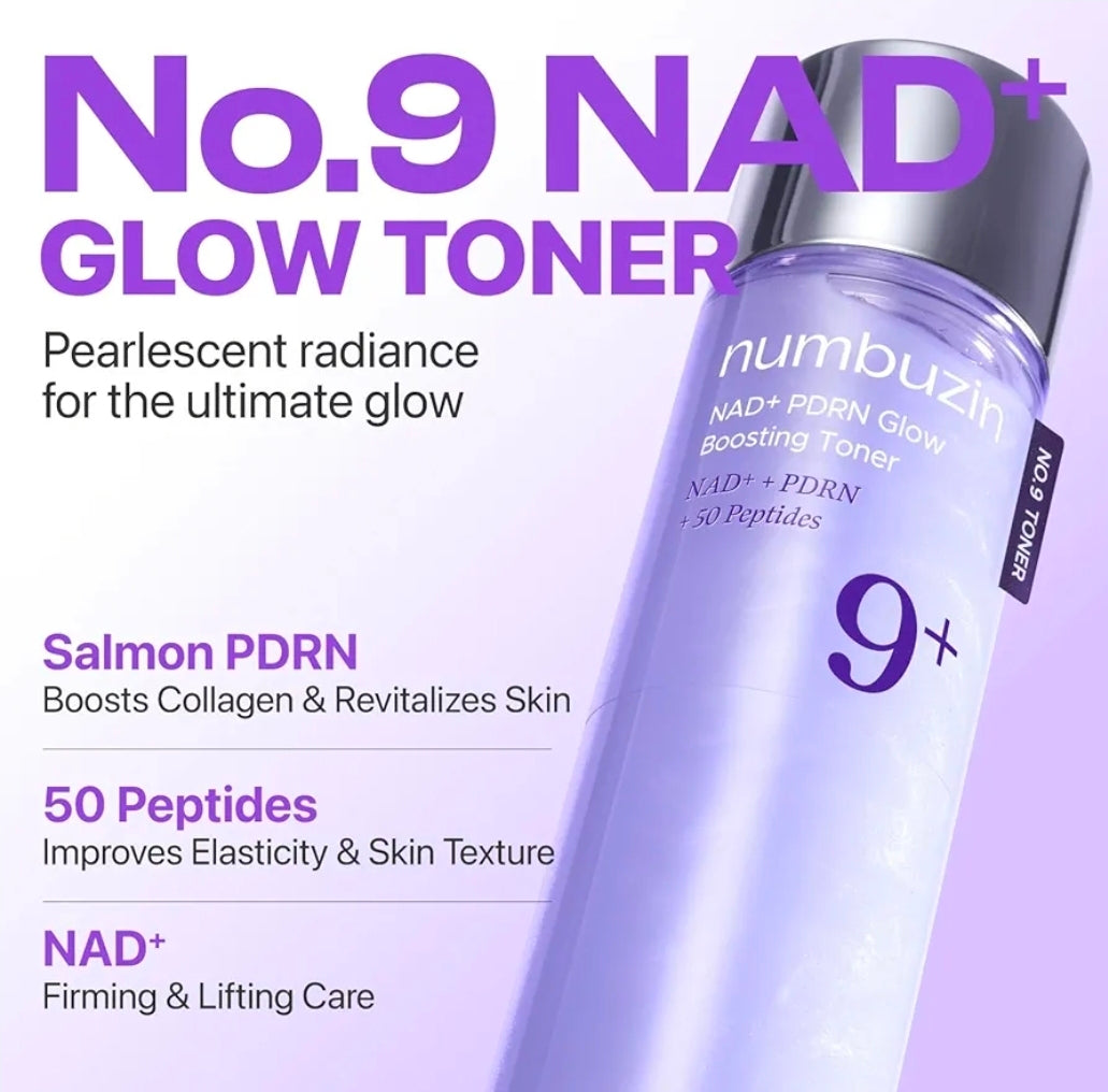 numbuzin No.9 NAD+ PDRN Glow Boosting Toner - Tónico hidratante y reafirmante para arrugas, líneas finas y piel opaca, péptidos y salmón PDRN para luminosidad