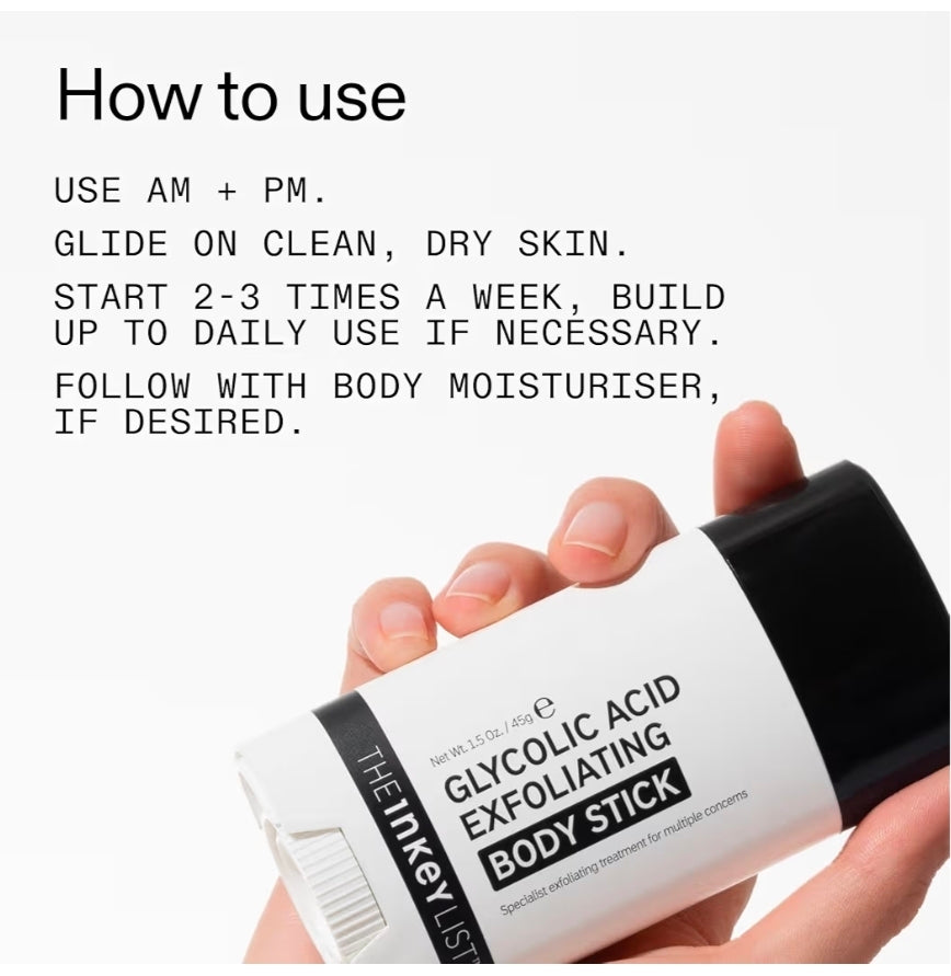 The INKEY List Glycolic Acid Exfoliating Body Stick - Deep Exfoliation for Rough, Bumpy Skin, Fragrance Free, Targets KP & Ingrown Hairs