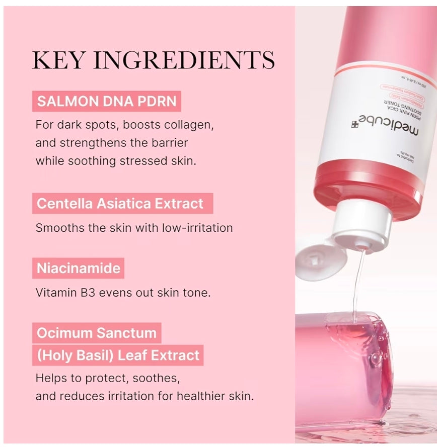 medicube PDRN Pink Cica Soothing Toner - Salmon DNA PDRN CICA Soothing Toner, Lightweight & Watery for Skin Boosting, Soothing and Calming, Uneven Skin Tone Care with Peptide & Niacinamide