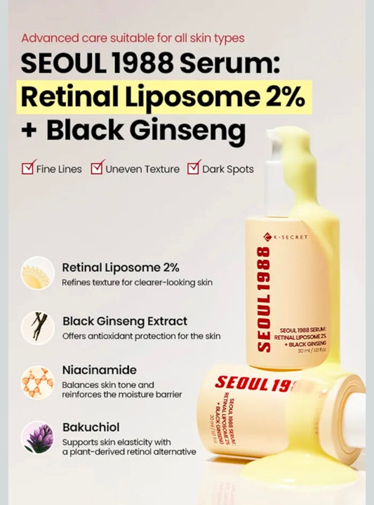 K-SECRET SEOUL 1988 Retinal Liposome + Black Ginseng Serum – Formulated with Advanced Retinal Liposome 2% and 58% Black Ginseng Extract, Fine Lines and Skin Texture Care Serum