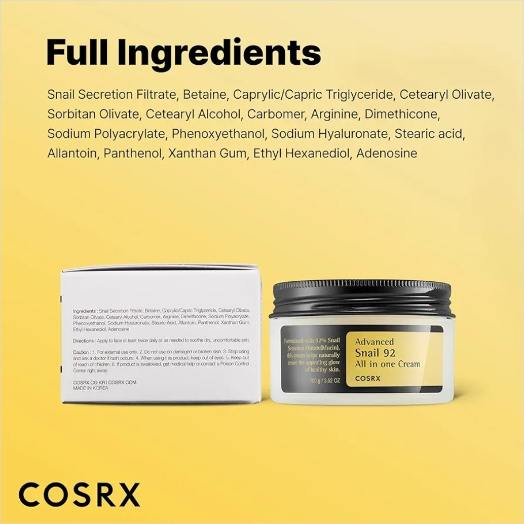 COSRX Advanced Snail Mucin 92% All in One Cream - Lightweight Moisturing Cream for Soft, Glowy Skin