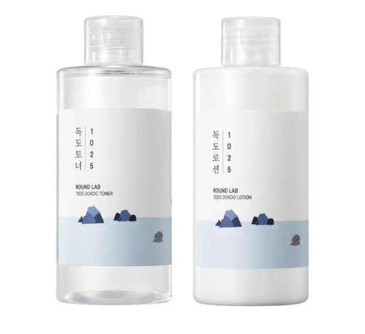 Set Round LAB 1025 Dokdo Tónico + Loción Dokdo: exfoliante suave de células muertas sin irritación, hidratante, tónico acuoso, loción para piel sensible.