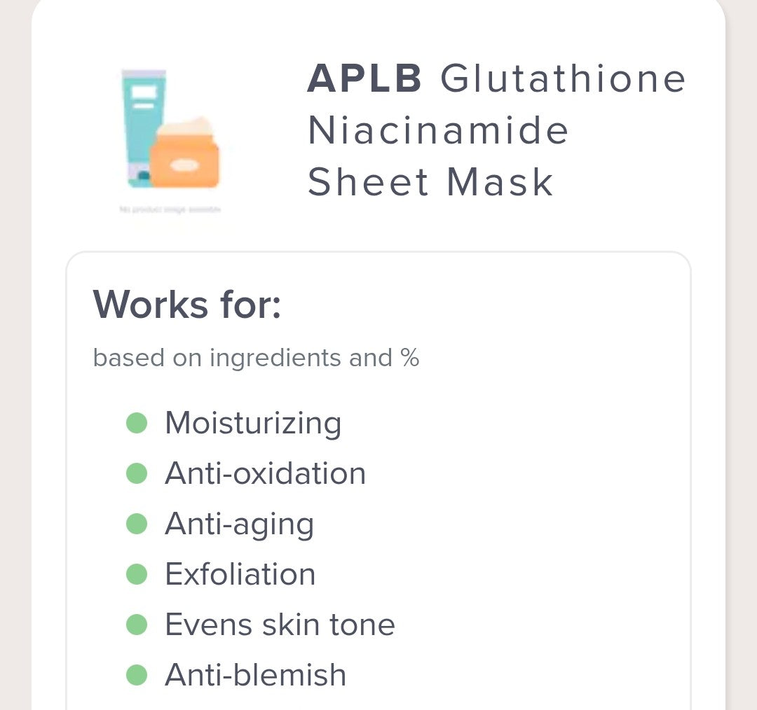 APLB Glutathione Niacinamide Sheet Mask - Moisturizing, Anti-aging, Exfoliation - 1 Mask