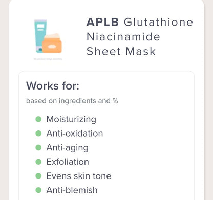 APLB Glutathione Niacinamide Sheet Mask - Moisturizing, Anti-aging, Exfoliation - 1 Mask